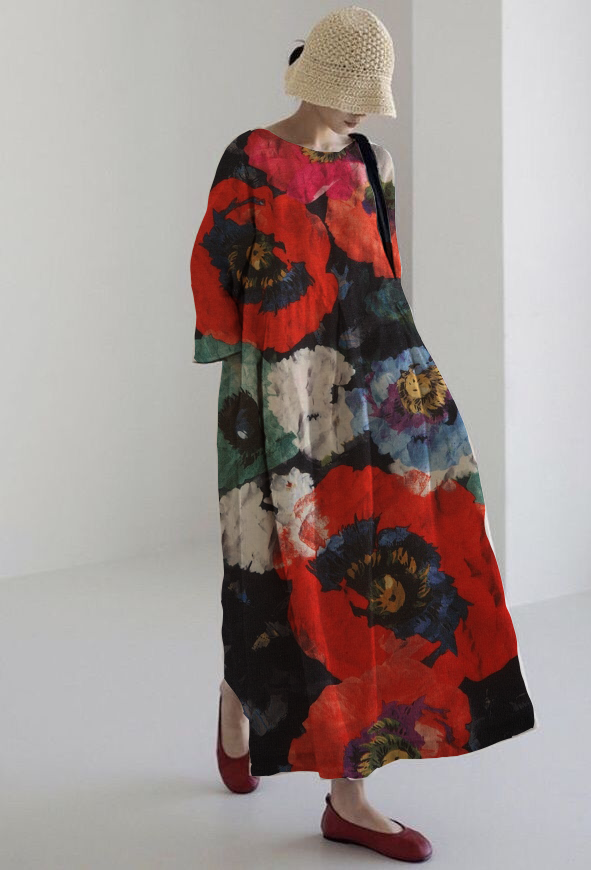 Alberte – Artistic midi dress with maximum comfort and intense floral pattern for a striking look