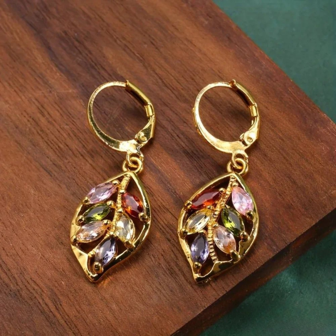 Meryl – Golden Leaf Gemstone Drop Earrings