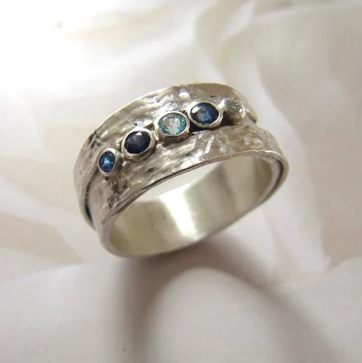 Lilliana – Silver Blue Sapphire Wide Band Ring for Women