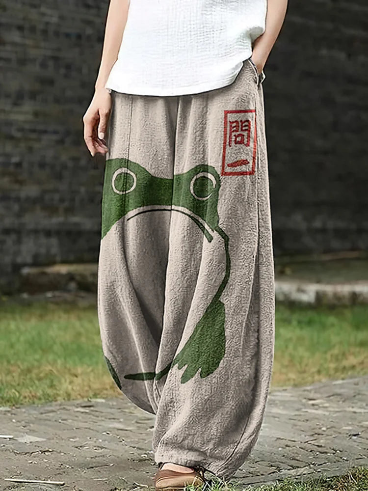 Lynn – Playful Frog Linen Trousers for Women