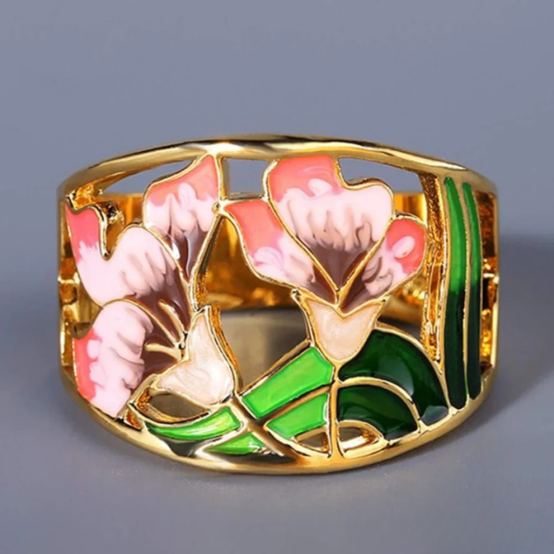 Golden enamel vintage flower ring