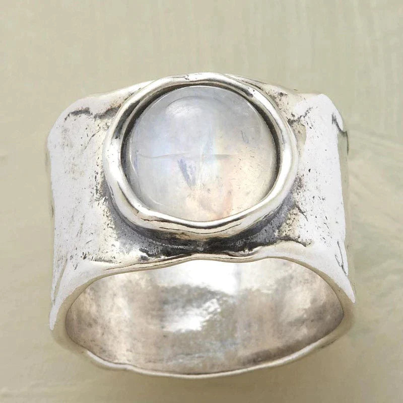 Colette – Silver Moonstone Wide Band Ring for Women