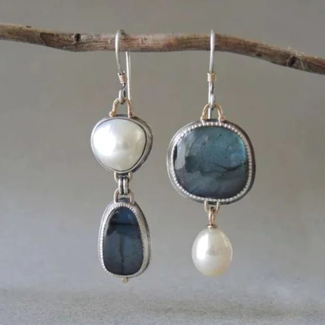 Sylvie – Pearl & Blue Gemstone Drop Earrings for Women