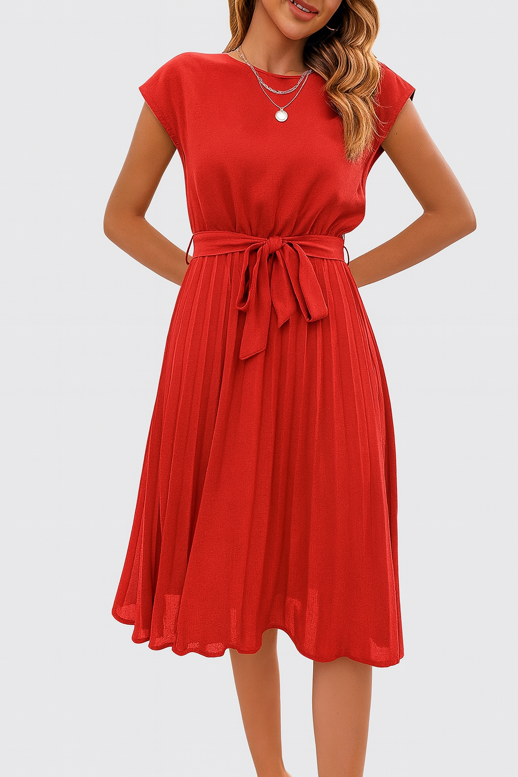 Jami – Pleated Midi Dress with Waist Tie for Women
