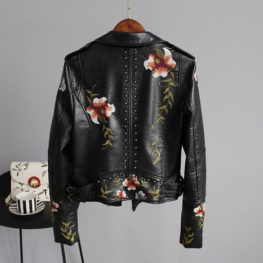 Jessa – Floral Embroidered Faux Leather Jacket for Women