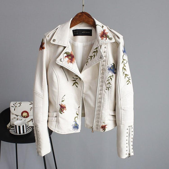 Jessa – Floral Embroidered Faux Leather Jacket for Women