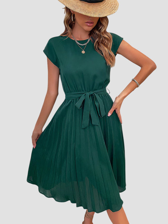 Jami – Pleated Midi Dress with Waist Tie for Women