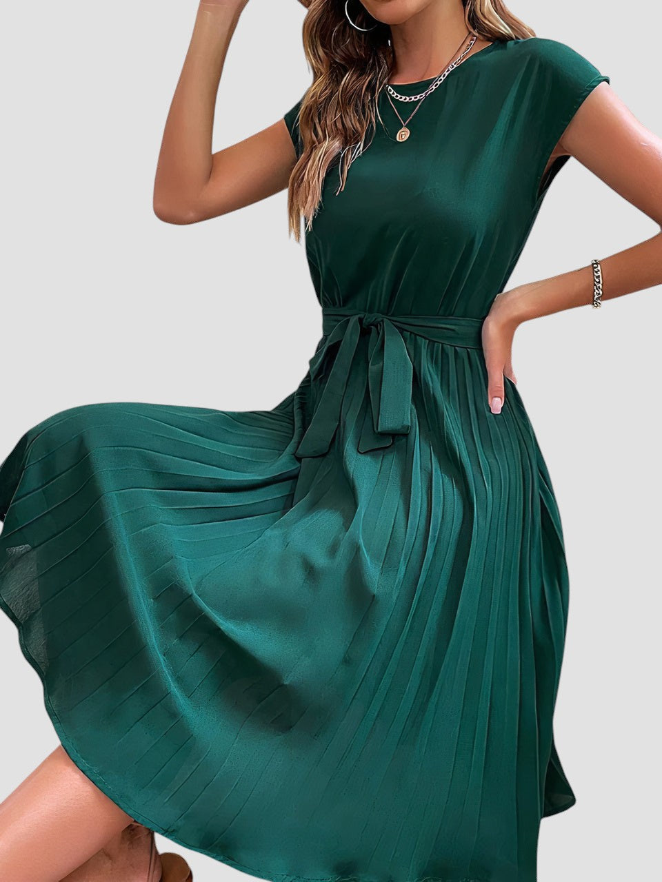 Jami – Pleated Midi Dress with Waist Tie for Women