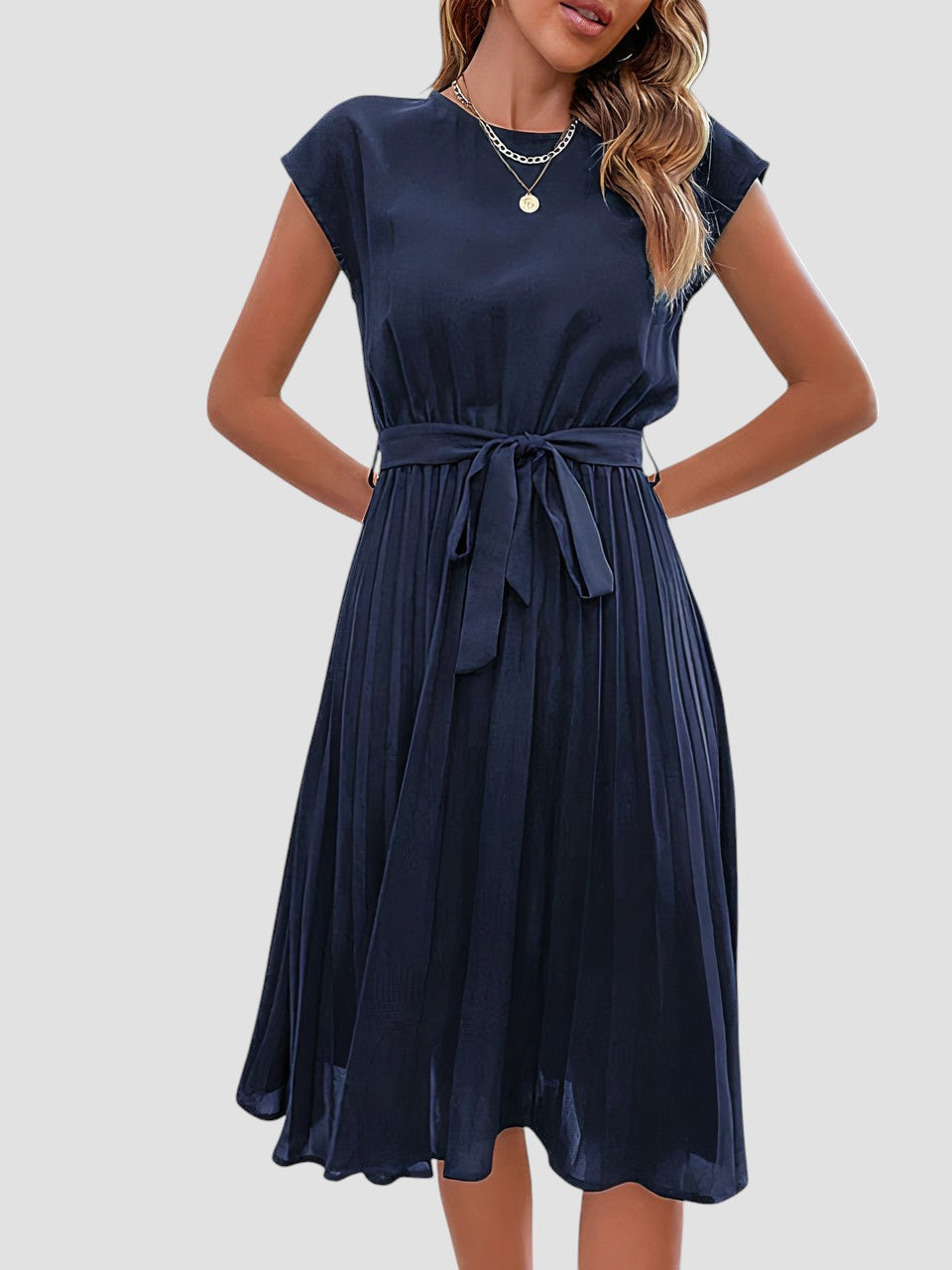 Jami – Pleated Midi Dress with Waist Tie for Women