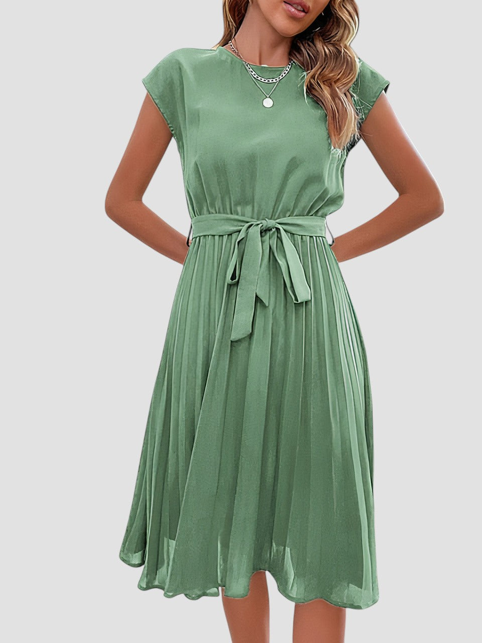 Jami – Pleated Midi Dress with Waist Tie for Women