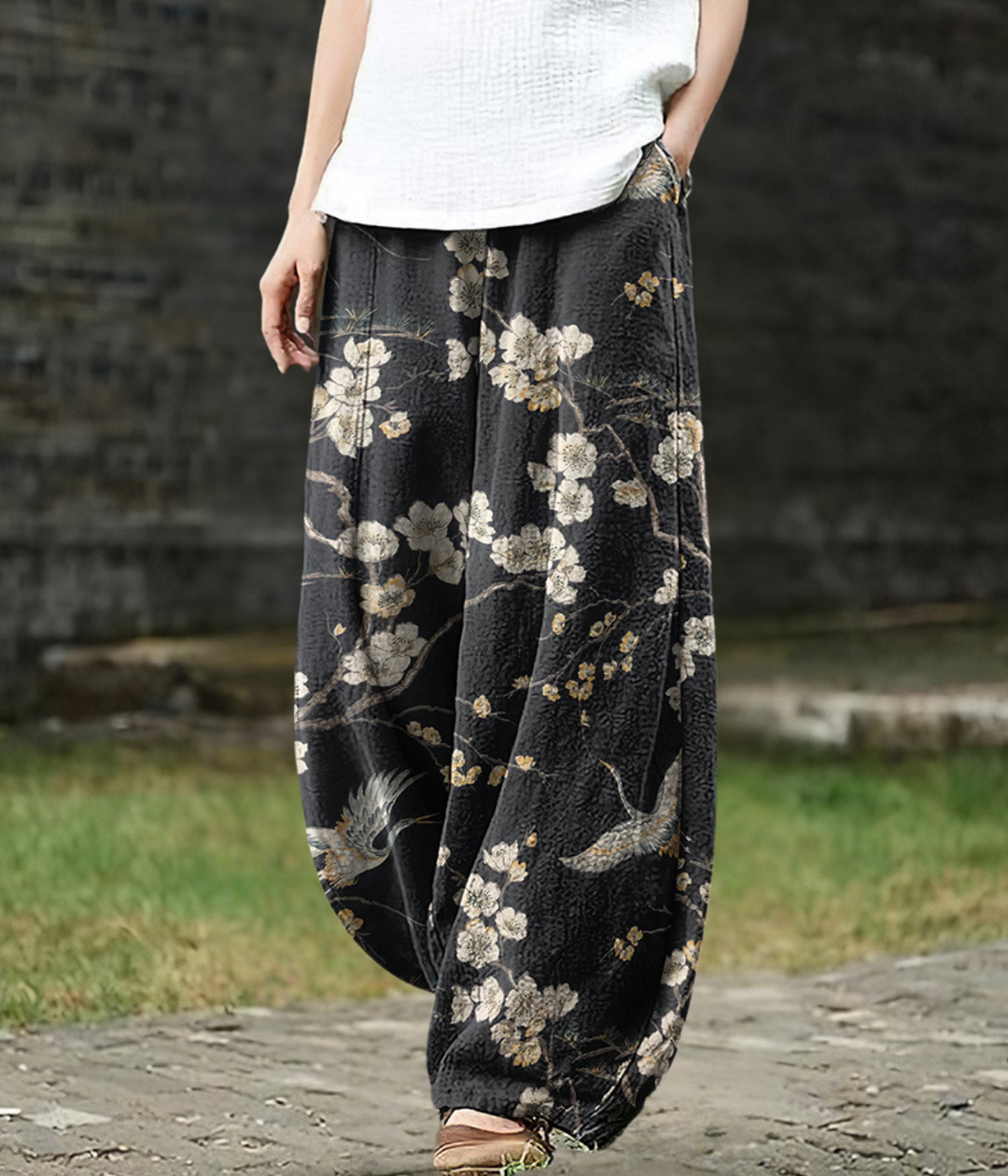 Irene – Midnight Blossom Wide-Leg Trousers for Women
