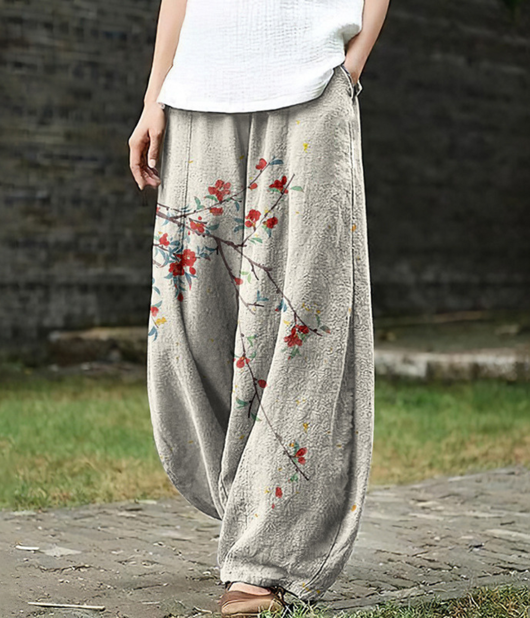 Kylie – Blossom Branch Linen Trousers for Women