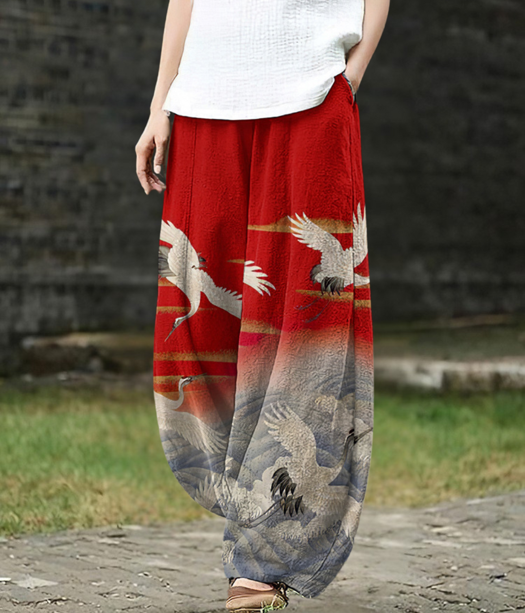 Erin – Crimson Crane Boho Trousers for Women