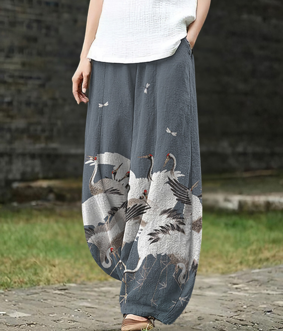Soreina – Graceful Crane Wide-Leg Trousers for Women