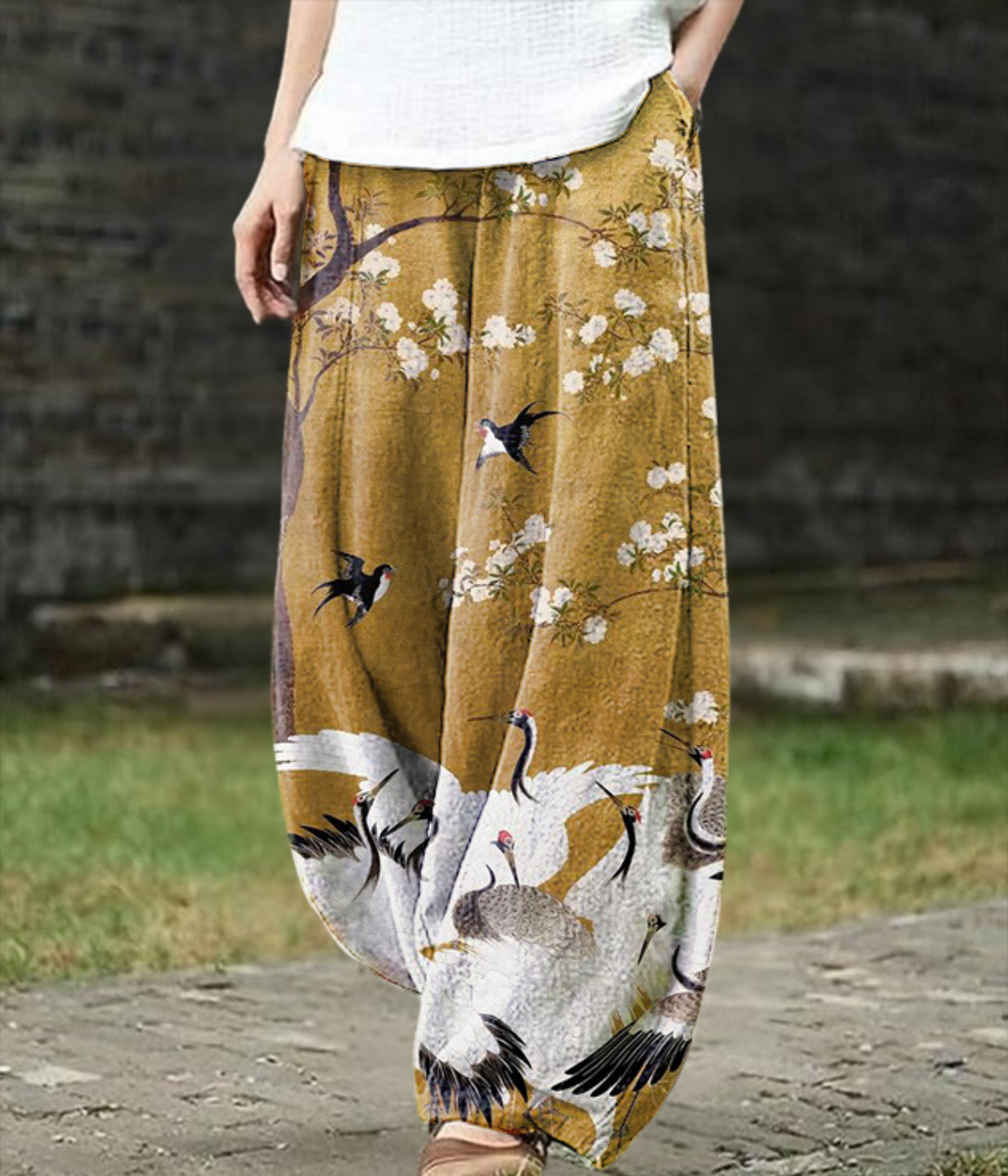 Kate – Golden Blossom Crane Trousers for Women