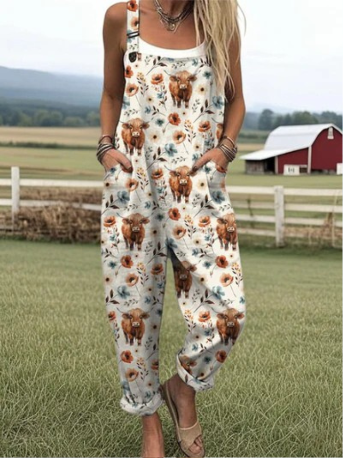 Brunara — Highland Cow Floral Overalls for Women
