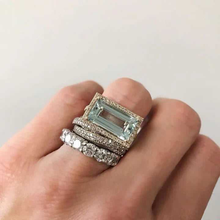 Emory – Emerald-Cut Aquamarine & Diamond Halo Ring for Women
