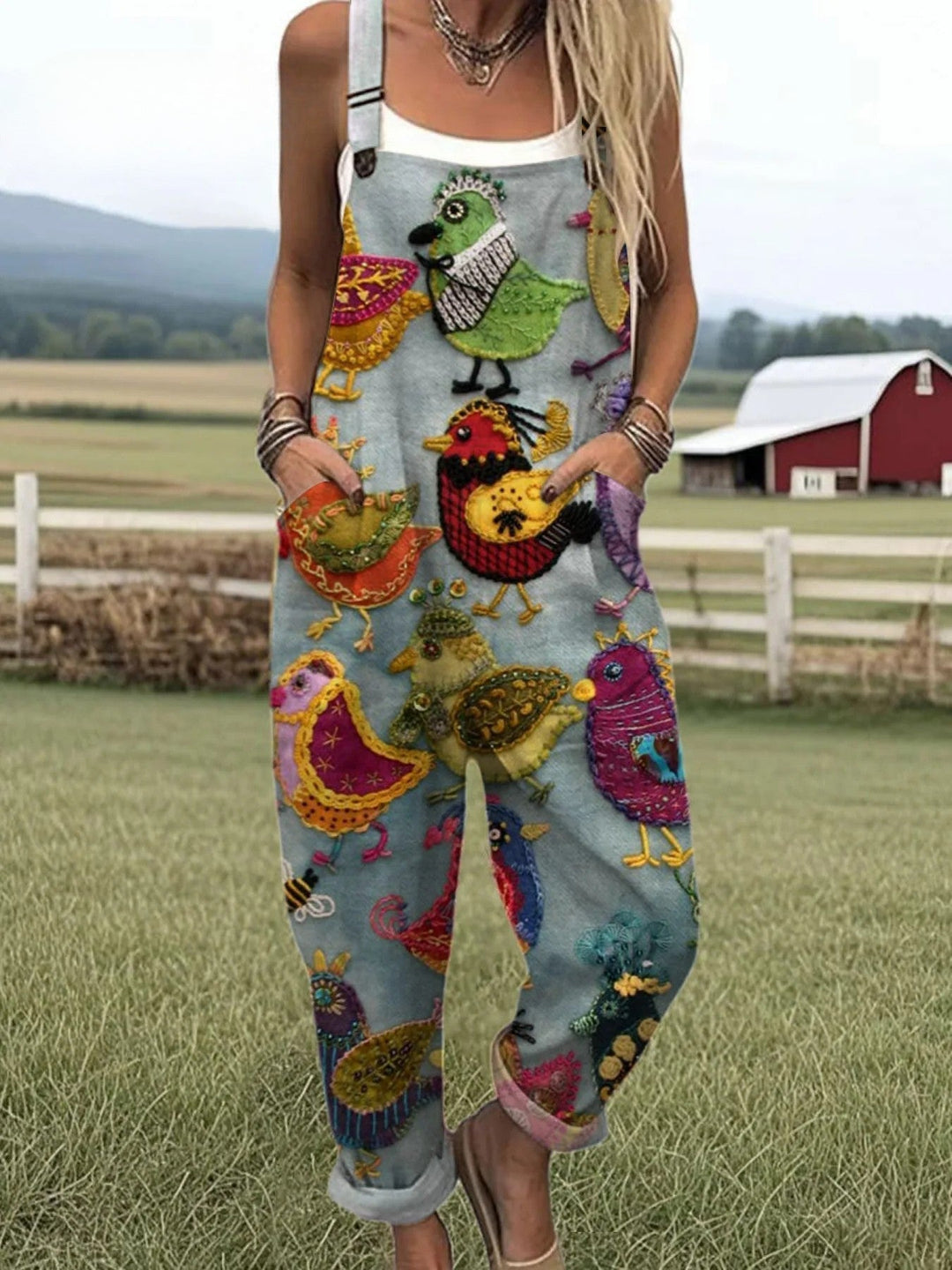 Quirla — Folk Art Chicken Overalls for Women