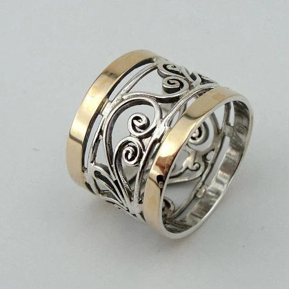 Aubree – Two-Tone Filigree Wide Band Ring for Women