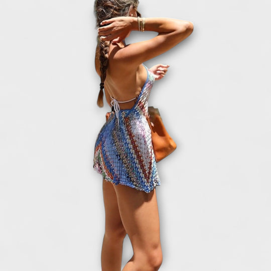 Henara – Backless Halter Neck Romper in Crochet Look