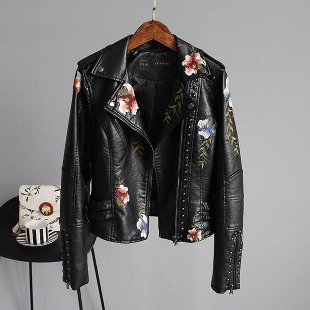 Jessa – Floral Embroidered Faux Leather Jacket for Women