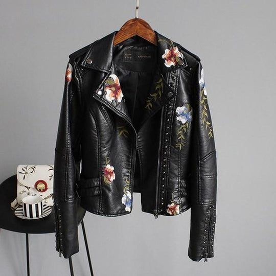 Jessa – Floral Embroidered Faux Leather Jacket for Women