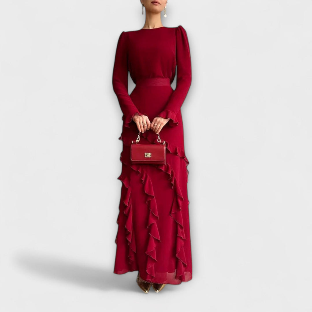 Falerra – Figure-Hugging Maxi Dress with Ruffle Structure