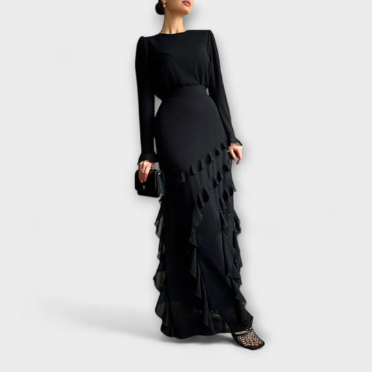 Falerra – Figure-Hugging Maxi Dress with Ruffle Structure