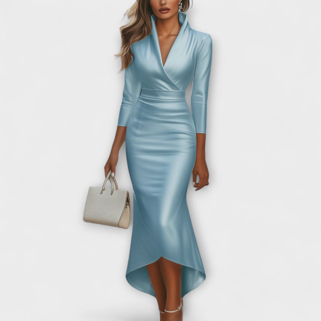 Danira – Asymmetrical Satin Wrap Dress with Stand Collar