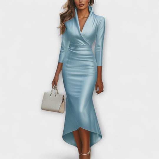 Danira – Asymmetrical Satin Wrap Dress with Stand Collar