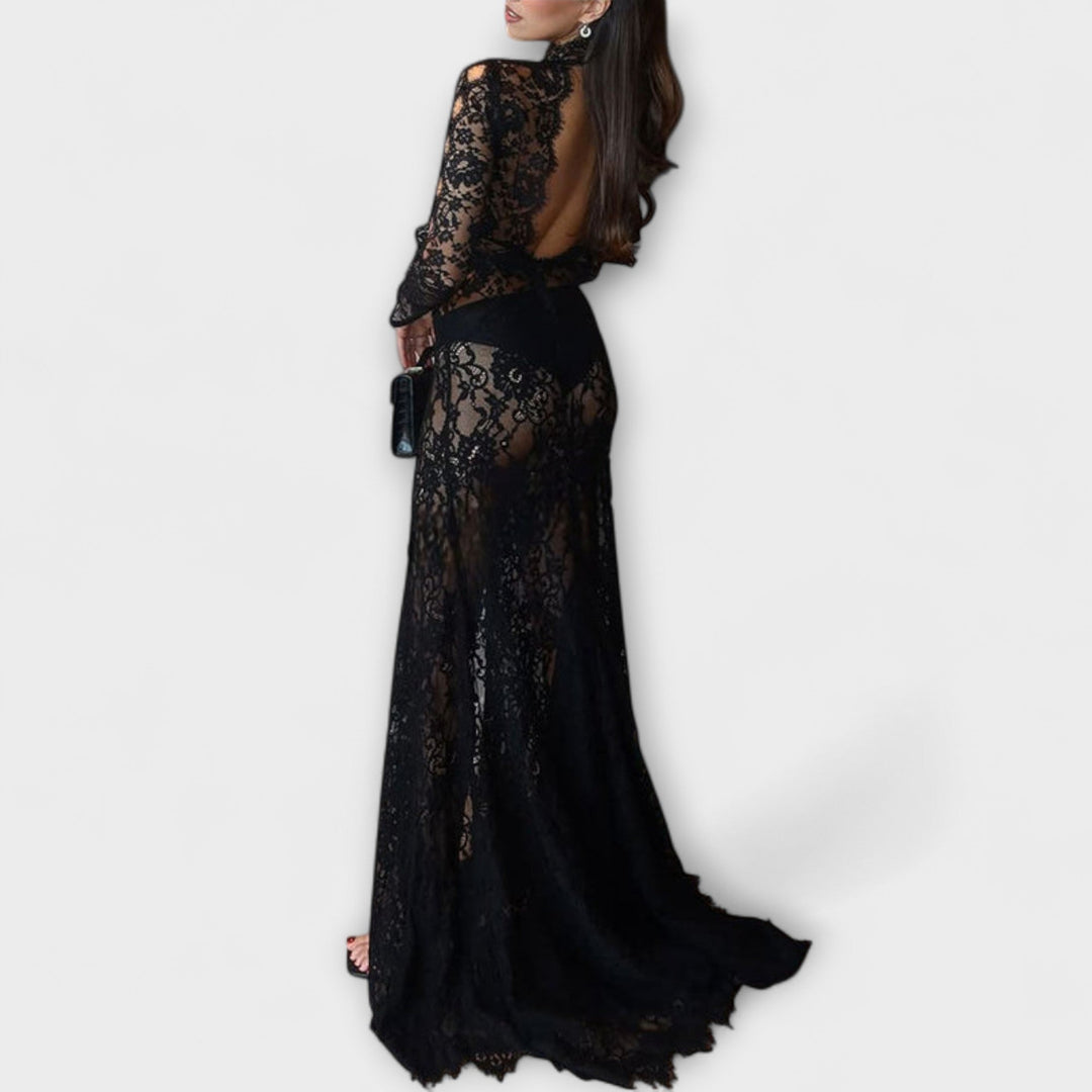 Azelina – Transparent Maxi Dress with Cut-outs and Lace Structure