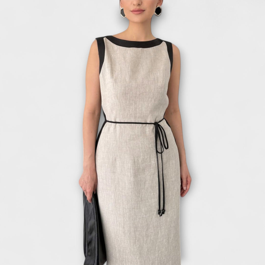 Avinya – Contrast Dress with Tie Belt and Clear Lines