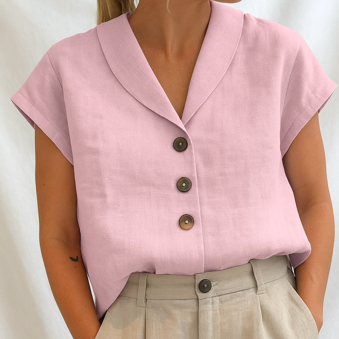 Yseline – Minimalist V-Neck Button Blouse