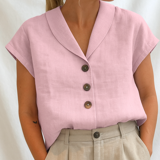 Yseline – Minimalist V-Neck Button Blouse