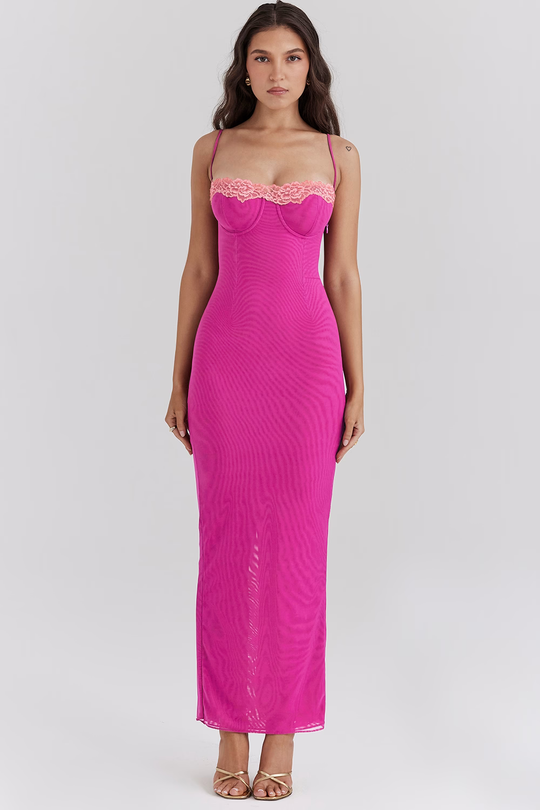Soleina – Two-Tone Lace Trim Midi Dress