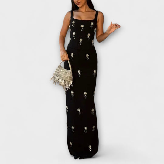 Aviane – Black Ensemble with Pearl Zipper Top and Skirt