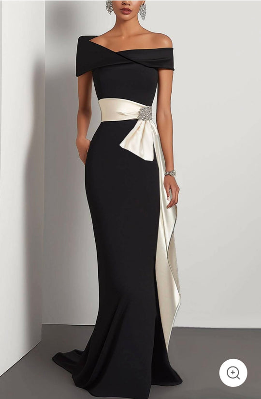 Solenne – Off-Shoulder Black Evening Gown with Champagne Sash