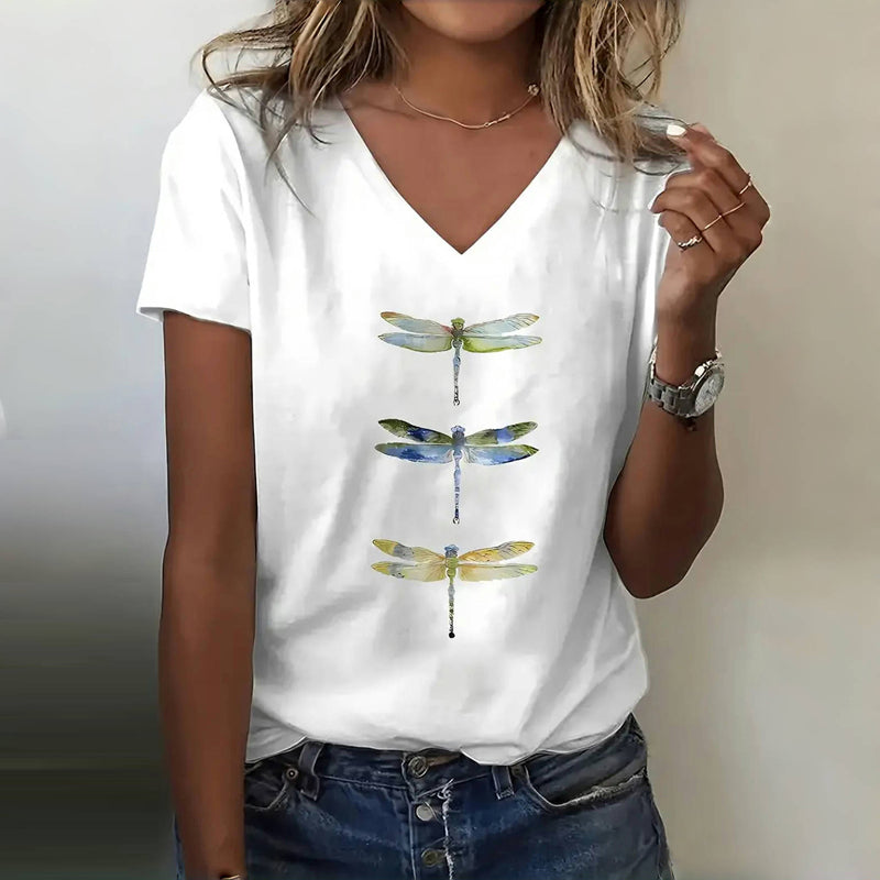 Roxann – Dragonfly Print V-Neck Tee for Women