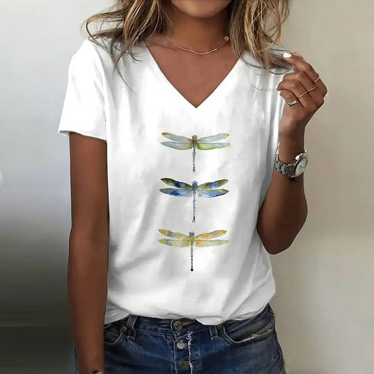 Roxann – Dragonfly Print V-Neck Tee for Women