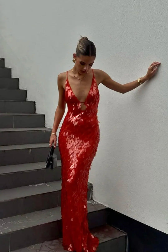 Brielle – Sequin Slip Gown in Scarlet