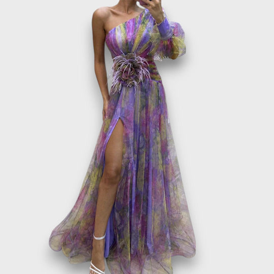 Aurielle – Asymmetrical Maxi Dress with Floral Transparency