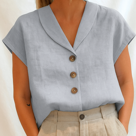 Yseline – Minimalist V-Neck Button Blouse