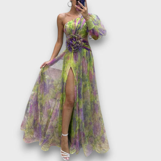 Aurielle – Asymmetrical Maxi Dress with Floral Transparency