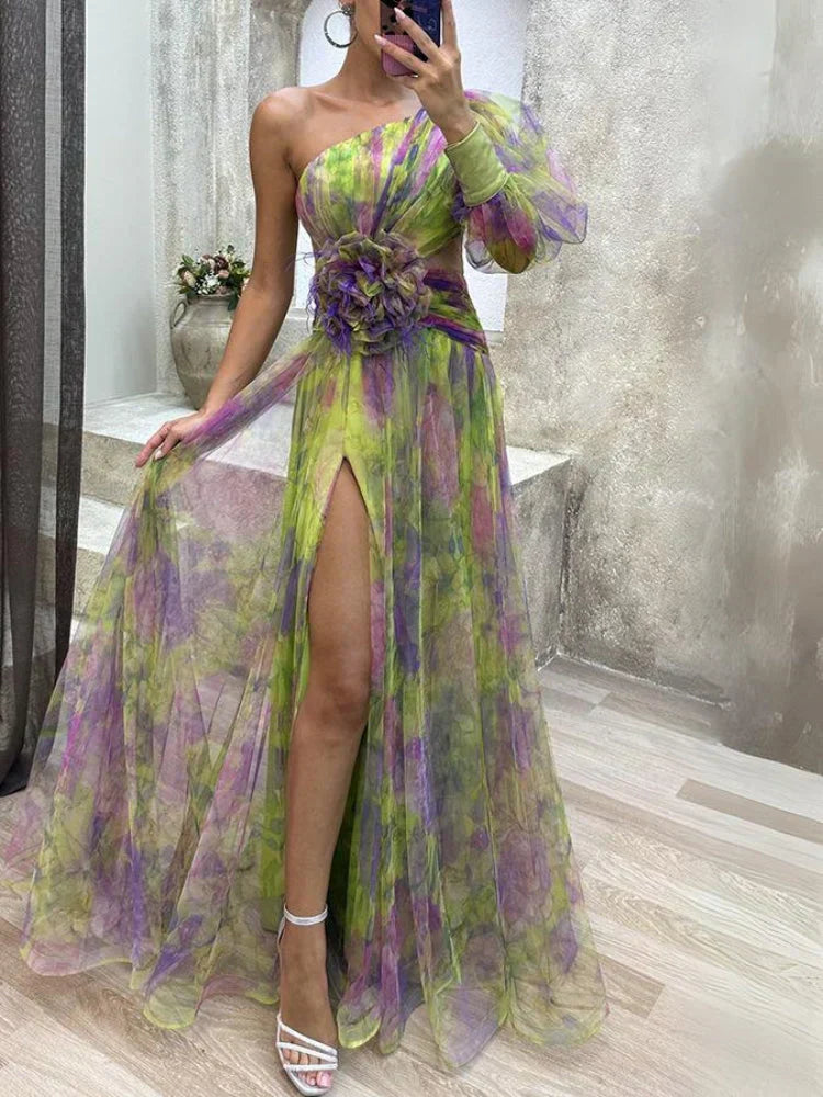 Aurielle – Asymmetrical Maxi Dress with Floral Transparency