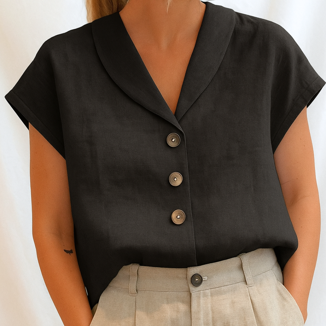 Yseline – Minimalist V-Neck Button Blouse