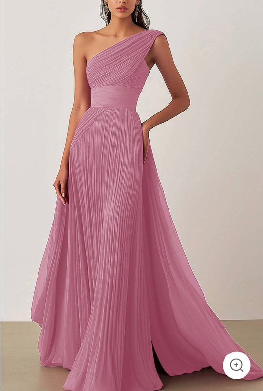 Heidi – One-Shoulder Pleated Chiffon Gown