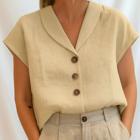 Yseline – Minimalist V-Neck Button Blouse