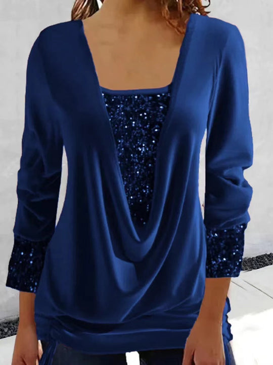 Celiva – Sequin Drape-Layered Elegance Top