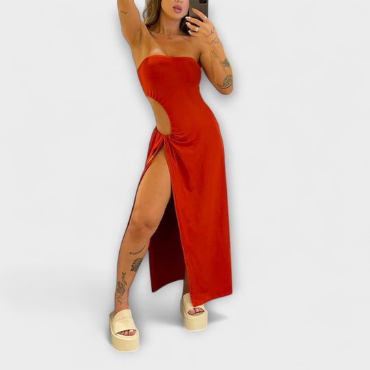 Winona - Bandeau-Tie Bodysuit Dress with Side Slits