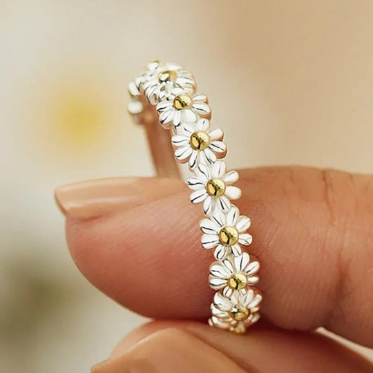 Adjustable Silver and Hand-Painted Enamel Daisy Ring